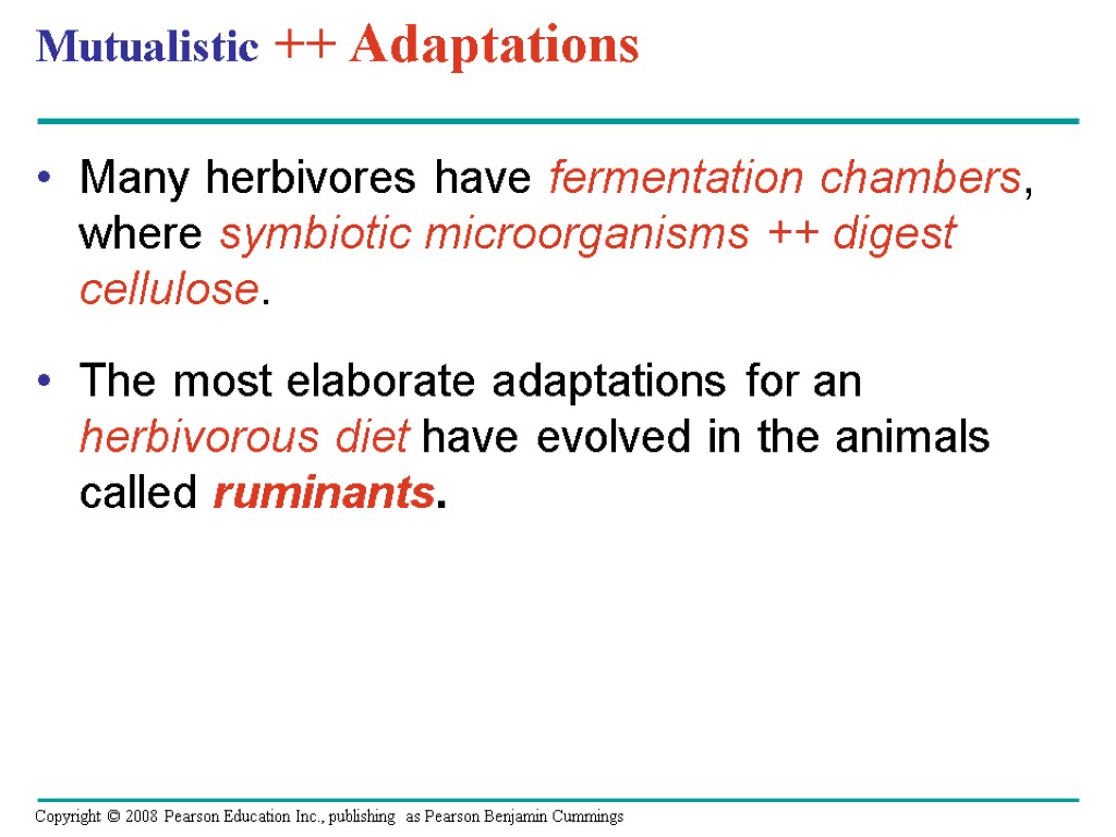 Mutualistic ++ Adaptations Many herbivores have fermentation chambers, where symbiotic microorganisms ++ digest cellulose.